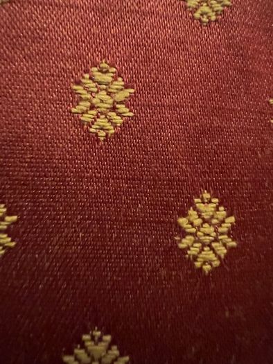 Stunning set of bespoke floor length maroon brocade curtains with gold "butti" motif