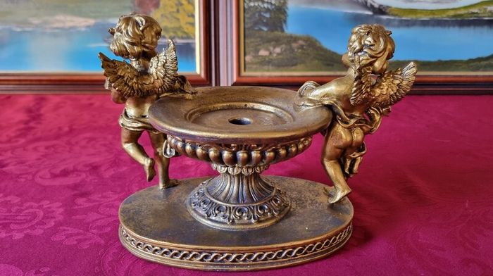 Antique Cherub Gold Effect Ornamental Pedestal Metal Candle Holder Pedestal Stand Made In Spain