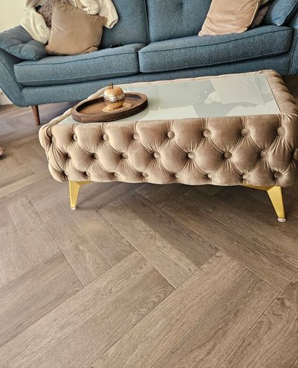 Velvet button-tufted coffee table with glass top
