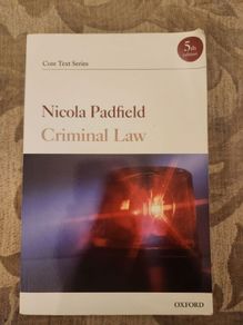 Criminal Law. Core Text Series. By Nicola Padfield. 5th Edition.  Large Volume Paperback In Good Condition.