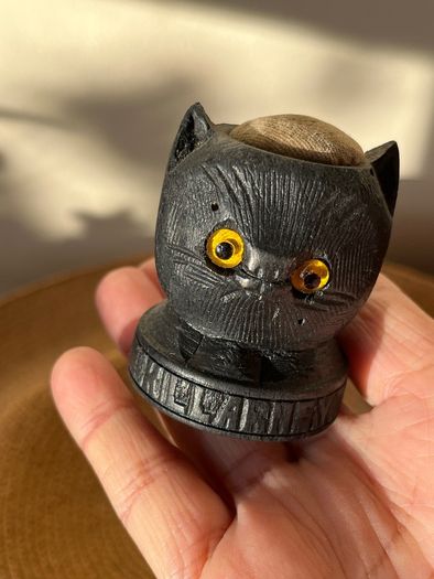 Antique Black Cat Bog Oak Sewing Pin Cushion