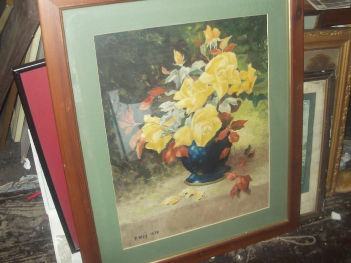 a large oil painting on board of a still life signed p.moy