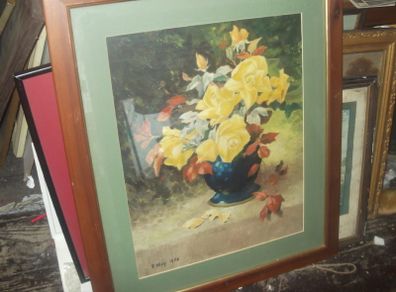 a large oil painting on board of a still life signed p.moy