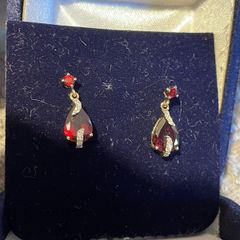 9ct real gold .diamond & garnet drop earrings