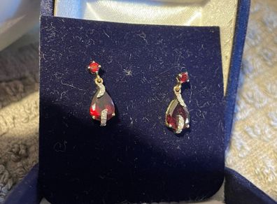 9ct real gold .diamond & garnet drop earrings