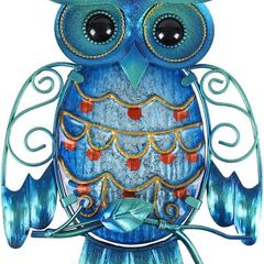 Metal Owl Wall Decor Outdoor Hanging Art Blue Glass Bird Sculpture for Patio, Porch or Door