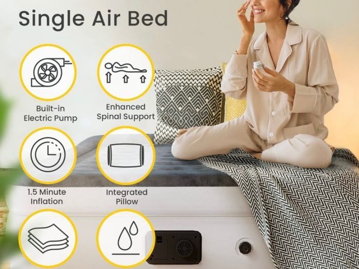 Single Sized Air Bed - Premium Single Air Mattress With a Built-in Electric Pump, Integrated Raised Pillow and Storage Bag MULTIPLE SIZES AVAILABLE (FREE POSTAGE)
