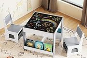 Kids Table and Chairs Set, 4 in 1 Children Activity Desk with 2 Chairs, Reversible Tabletop, Bookshelves and Storage Bins, Wooden Toddler Table Set for Boys Girls (White+Grey, 61x61x56cm)