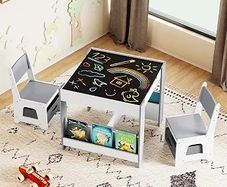 Kids Table and Chairs Set, 4 in 1 Children Activity Desk with 2 Chairs, Reversible Tabletop, Bookshelves and Storage Bins, Wooden Toddler Table Set for Boys Girls (White+Grey, 61x61x56cm)