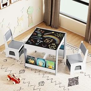 Kids Table and Chairs Set, 4 in 1 Children Activity Desk with 2 Chairs, Reversible Tabletop, Bookshelves and Storage Bins, Wooden Toddler Table Set for Boys Girls (White+Grey, 61x61x56cm)