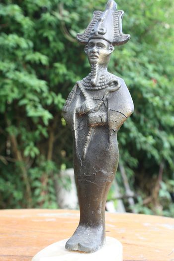 Vintage Egyptian  Figure of Osiris 10" (made of some metal, a few cracks visible in the photos, mounted on a marble base)