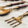 Vintage Brass and Wood Kitchen Utensils with Decorative Hanging Bar, Mid 20th Century Image 4