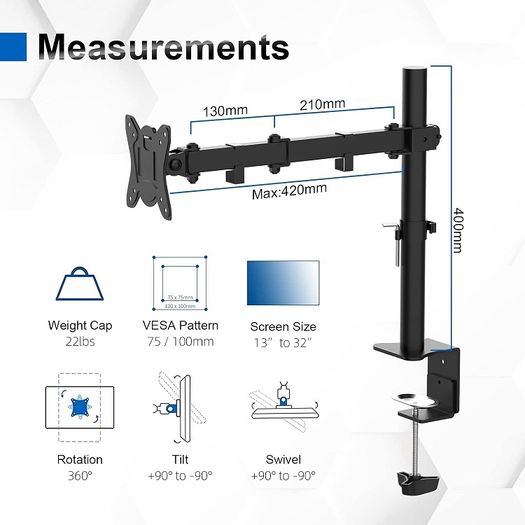 Single Monitor Arm for 13-32 inch, up to 10kg, VESA