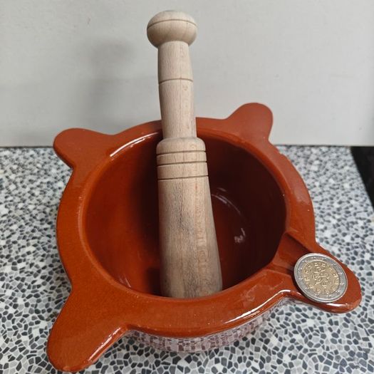 Vintage Vilmor French Glazed Terracotta Mortar & Wooden Pestle Set