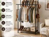 Industrial Double Clothes Rail with Wheels  Heavy Duty Garment Rack with Shelf