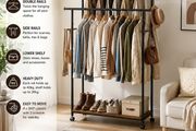 Industrial Double Clothes Rail with Wheels  Heavy Duty Garment Rack with Shelf