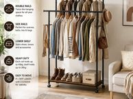 main image for ad Industrial Double Clothes Rail with Wheels  Heavy Duty Garment Rack with Shelf