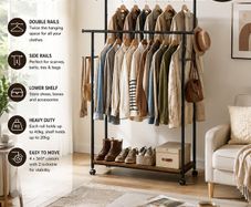 Industrial Double Clothes Rail with Wheels  Heavy Duty Garment Rack with Shelf