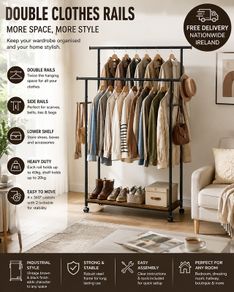 Industrial Double Clothes Rail with Wheels  Heavy Duty Garment Rack with Shelf