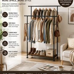 Industrial Double Clothes Rail with Wheels  Heavy Duty Garment Rack with Shelf