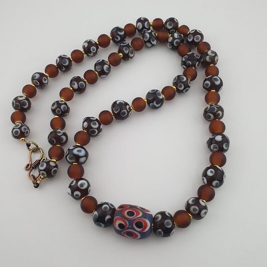 Antique Venetian African Style Skunk Eyes & Brown Glass Beads Necklace