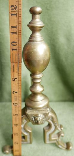 Antique Victorian Brass Fire Side Dogs - Lion Head Brass Fire Dogs