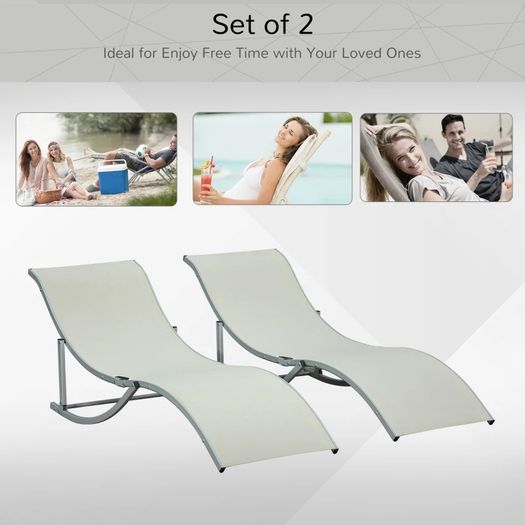 Set of 2 S-shaped Foldable Lounge Chair Sun Lounger Reclining Outdoor Chair for Patio Beach Garden, Beige