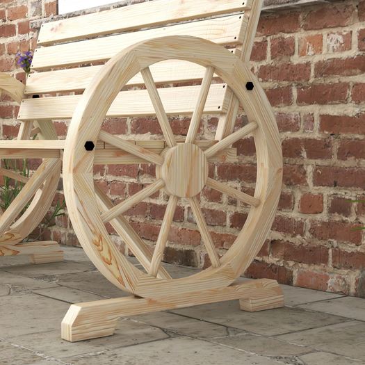 Wagon Wheel Chair Bench Armrest Rustic Loveseat Wood Outdoor Garden, Natural