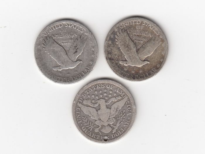 USA, 3 x Quarter Dollars,1926,date worn,&1910 (holed) 90% silver coins (no. 449)