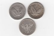 USA, 3 x Quarter Dollars,1926,date worn,&amp;1910 (holed) 90% silver coins (no. 449)