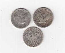 USA, 3 x Quarter Dollars,1926,date worn,&1910 (holed) 90% silver coins (no. 449)