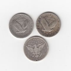 USA, 3 x Quarter Dollars,1926,date worn,&1910 (holed) 90% silver coins (no. 449)