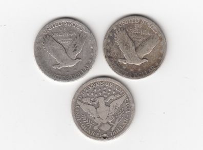 USA, 3 x Quarter Dollars,1926,date worn,&1910 (holed) 90% silver coins (no. 449)