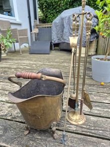 Brass Coal Bucket and Fire Irons