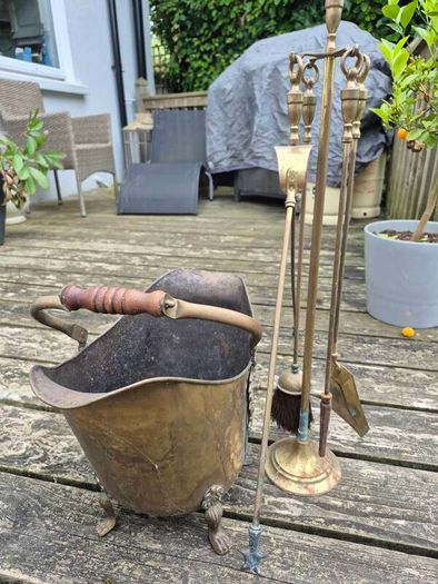 Brass Coal Bucket and Fire Irons