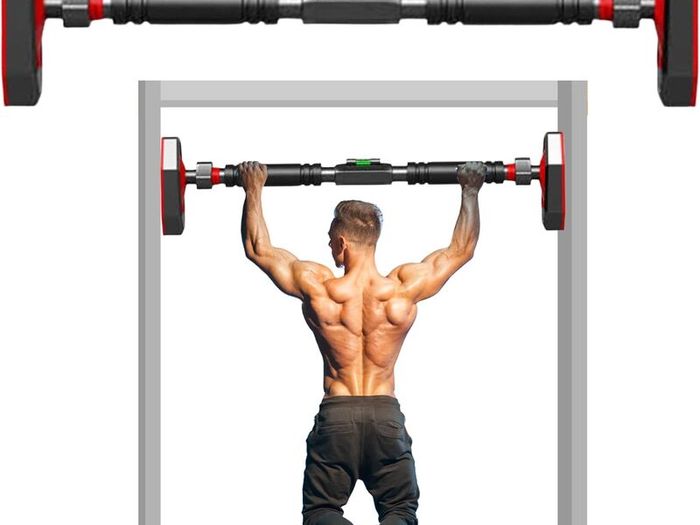 Heavy-Duty Adjustable Pull-Up Bar That Can Be Installed Without Drilling, Suitable for Door Frames with a Width of 65-100 Cm, Perfect for Home Gyms And Doorway Workouts. The Main Body Is Made of Black Carbon Steel And Features Resistance Training