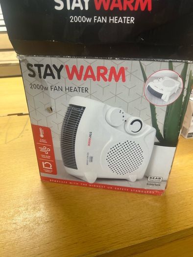 Selling a brand new StayWarm 2000W Fan Heater, completely unused and still in its original box. Perfect for fast and efficient heating.