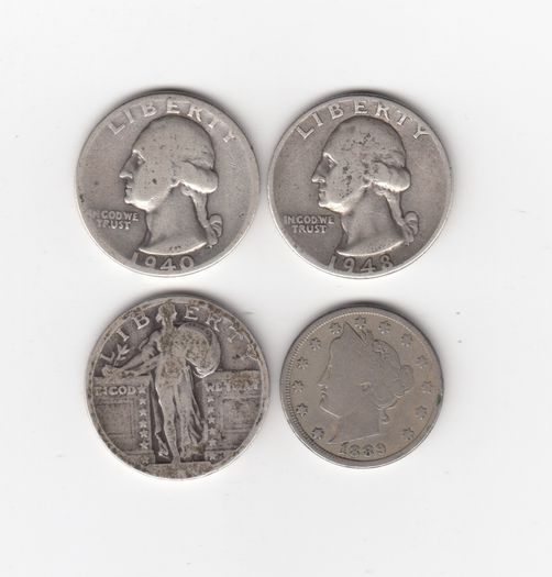 USA, 3 x Quarter Dollars, 90% silver coins & 1889 V cents (no. 493)