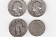 USA, 3 x Quarter Dollars, 90% silver coins &amp; 1889 V cents (no. 493)