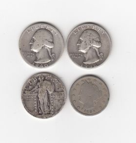 USA, 3 x Quarter Dollars, 90% silver coins & 1889 V cents (no. 493)