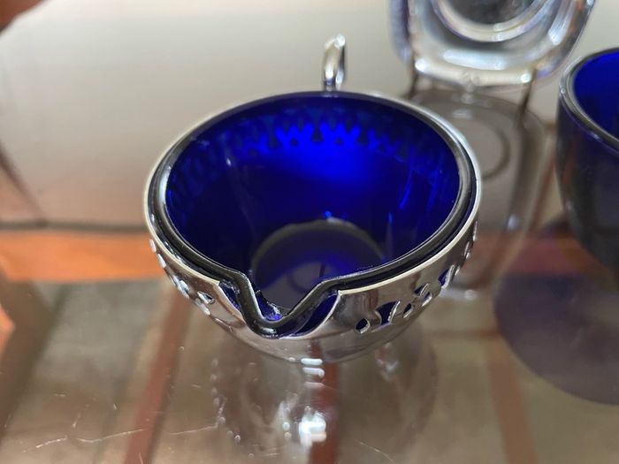 Vintage Silver Chromed Metal Cobalt Blue Glass Sugar and Creamer Set Serving Tray