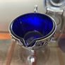 Vintage Silver Chromed Metal Cobalt Blue Glass Sugar and Creamer Set Serving Tray Image 4