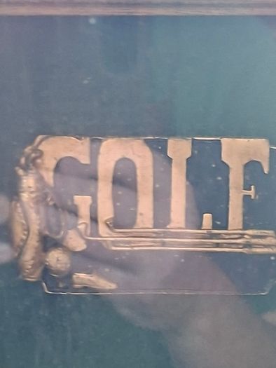 Beautiful Wooden Golf-Themed Shadow Box and Storage Unit with Shelves Cabinet, featuring a glass door front Inside the glass display panel, it showcases a vintage-style collage celebrating the history of golf,