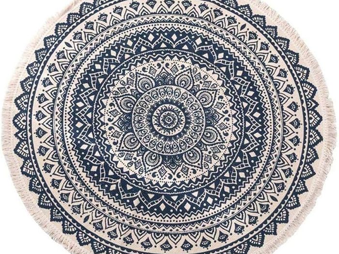 Round Cotton Area Rugs 90cm Washable Machine Hand Woven Tassels Circle Rug Carpet Chic Bohemian Pattern Floor Mats Boho rug for Bedroom Living Room Sofa Coffee Table Swing Chair Bed Side