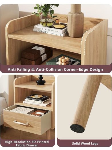 Bedside Table Set of 2, Nightstand, Side Table, Wooden Sofa End Table with Fabric Drawer, Open Shelf, Solid Wood Legs, 39x29x63 cm, for Bedroom, Living Room, Natural