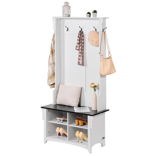 Wooden Hall Tree with Bench and Shoe Storage, White Hall Tree with Coat Rack, Adjustable Shelves and 5 Hanging Hooks