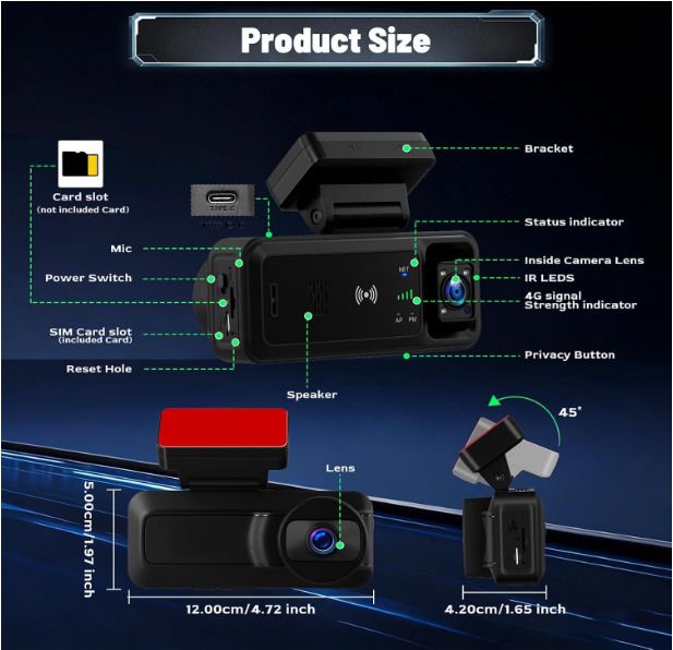 4G LTE Dash Cam with Live Remote Viewing, 1080P Dual Car Security Camera (Front and Cabin)