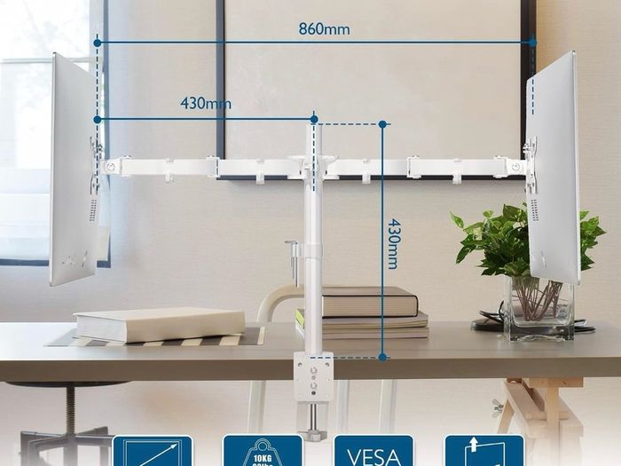 Dual Monitor Arm Desk Mount, Adjustable for 13/27 Inch  Screens, VESA 75x75/100x100, Full Motion Tilt, 360 Rotation, Height Adjustable, Max 10kg per Arm, Easy Install, White