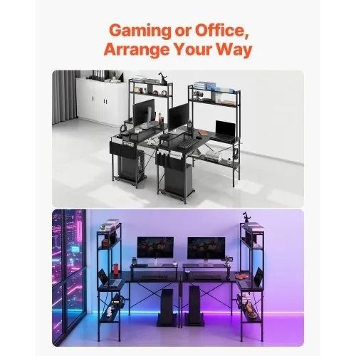 L-Shaped Gaming Desk with LED Lights, 1.2m Reversible Corner Computer Desk with Monitor Stand, Power Outlets, Movable CPU Stand & Shelf