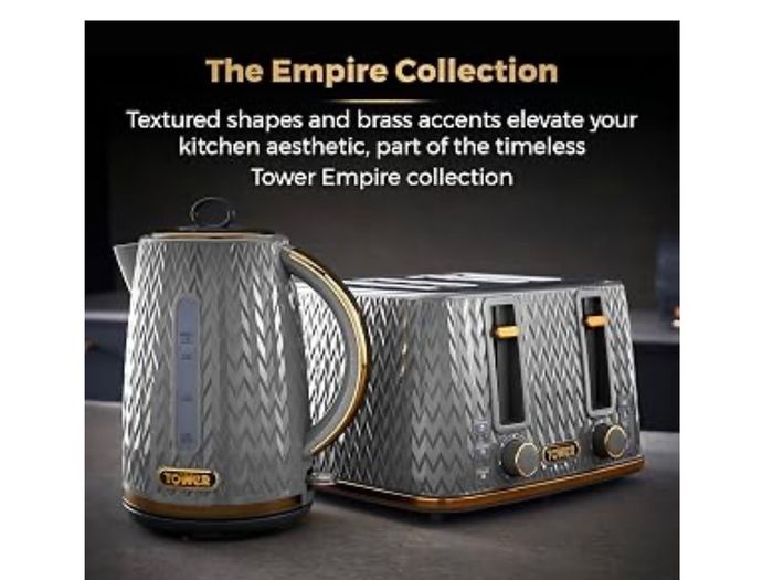 Tower kettle, 4 slice toaster, mug tree, kitchen roll holder and tea coffee and sugar set